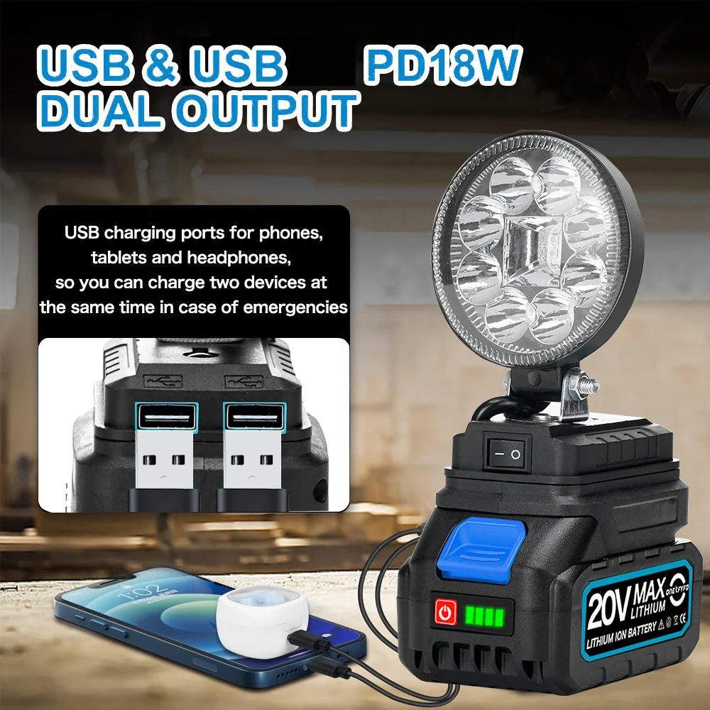 ONEKFYFD  Cordless LED Work Light for Makita Battery Cordless Flood Light with 2 USB Charging Port for Outdoor Work Fishing