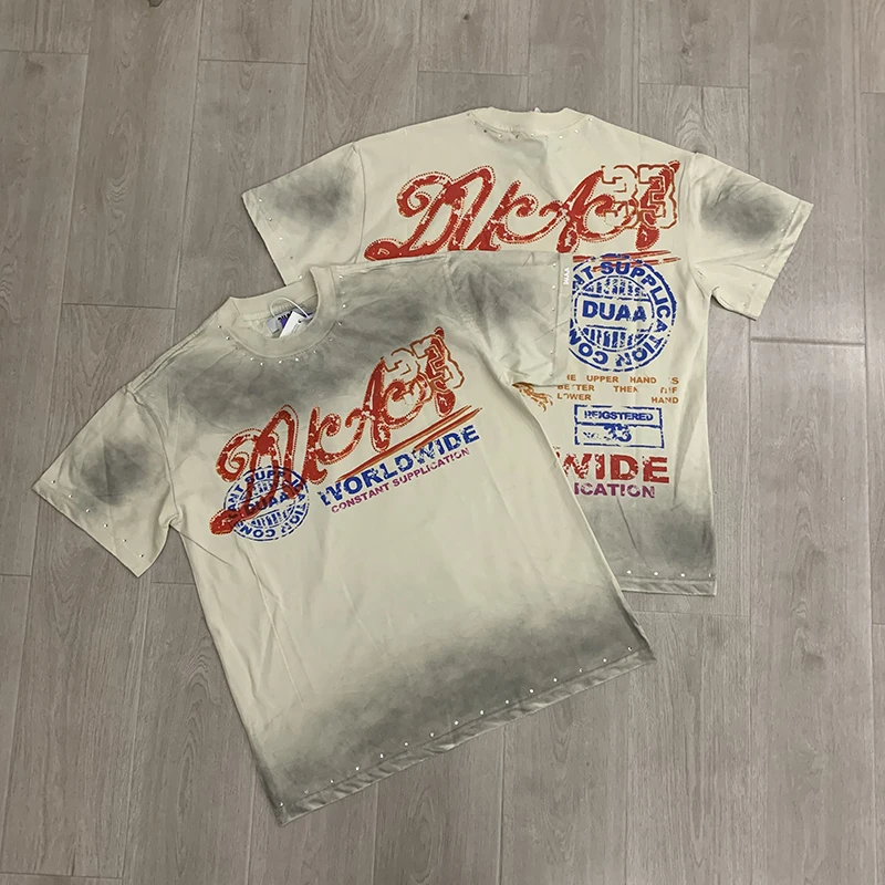 

DUAA 2026 SS Tee American Trend Rhinestone Distressed Ripped Men Women Casual Versatile Short Sleeve T Shirt