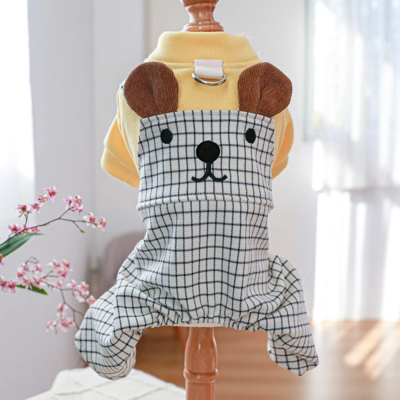 1PC Pet Clothing Dog Spring and Autumn Bear Checkered Four legged Strap Pants with Towing Rope and Buckle For Small Medium Dogs