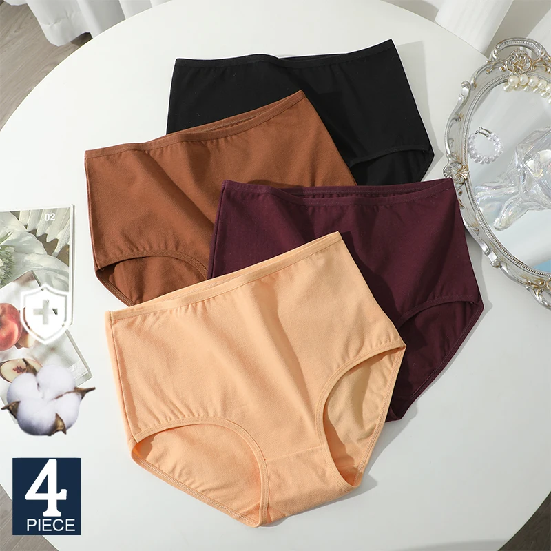 FINETOO 4Pcs Women Panties High Waist Panties Cotton Seamless Underwear Plus Size Breathable Sexy Li