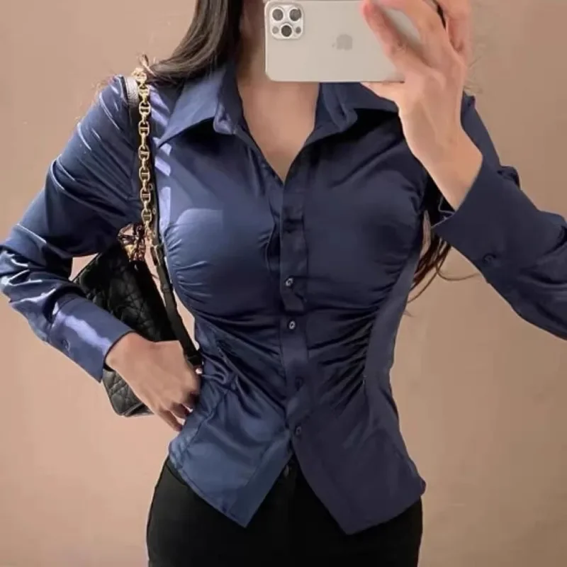 Summer Blended Full Long Sleeve Shirts & Blouses for Women Sale of Cute and Elegant M Woman Top Youthful Korean Popular Clothes