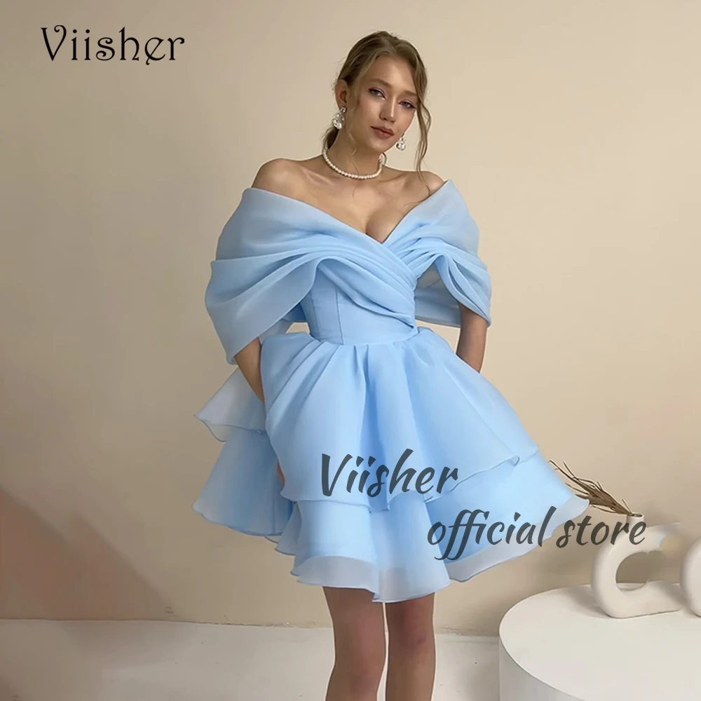 

Viisher Sky Blue Short Homecoming Prom Dresses Off Shoulder V Neck Graduation Party Dress for Women A Line Puffy Formal Gowns