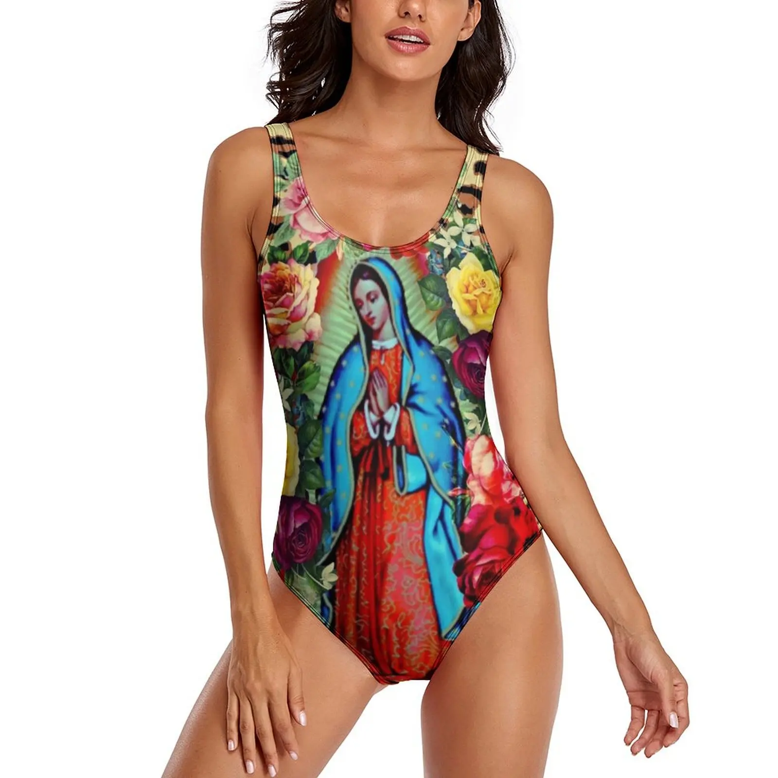 Virgin Mary Swimsuit Leopard Print One Piece Swimwear Push Up Aesthetic Bathing Suits Sexy Beach Graphic Beach Wear