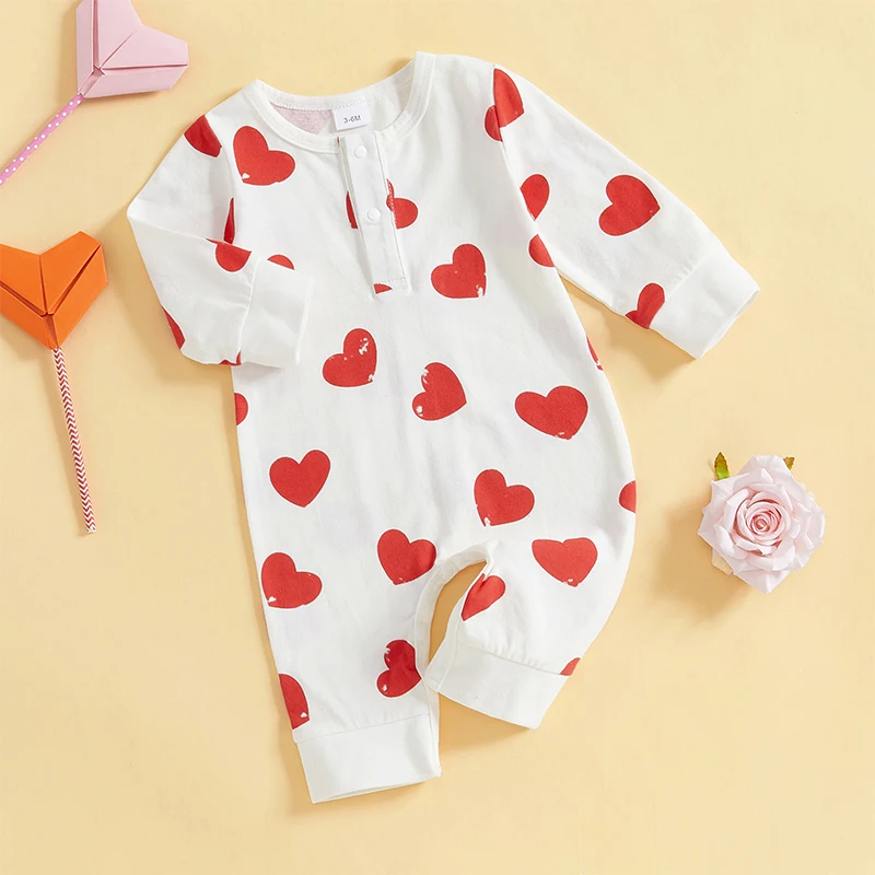 Mono para bebé del Día de San Valentín con estampado de corazón, cuello redondo, manga larga, medio broche, mameluco de otoño