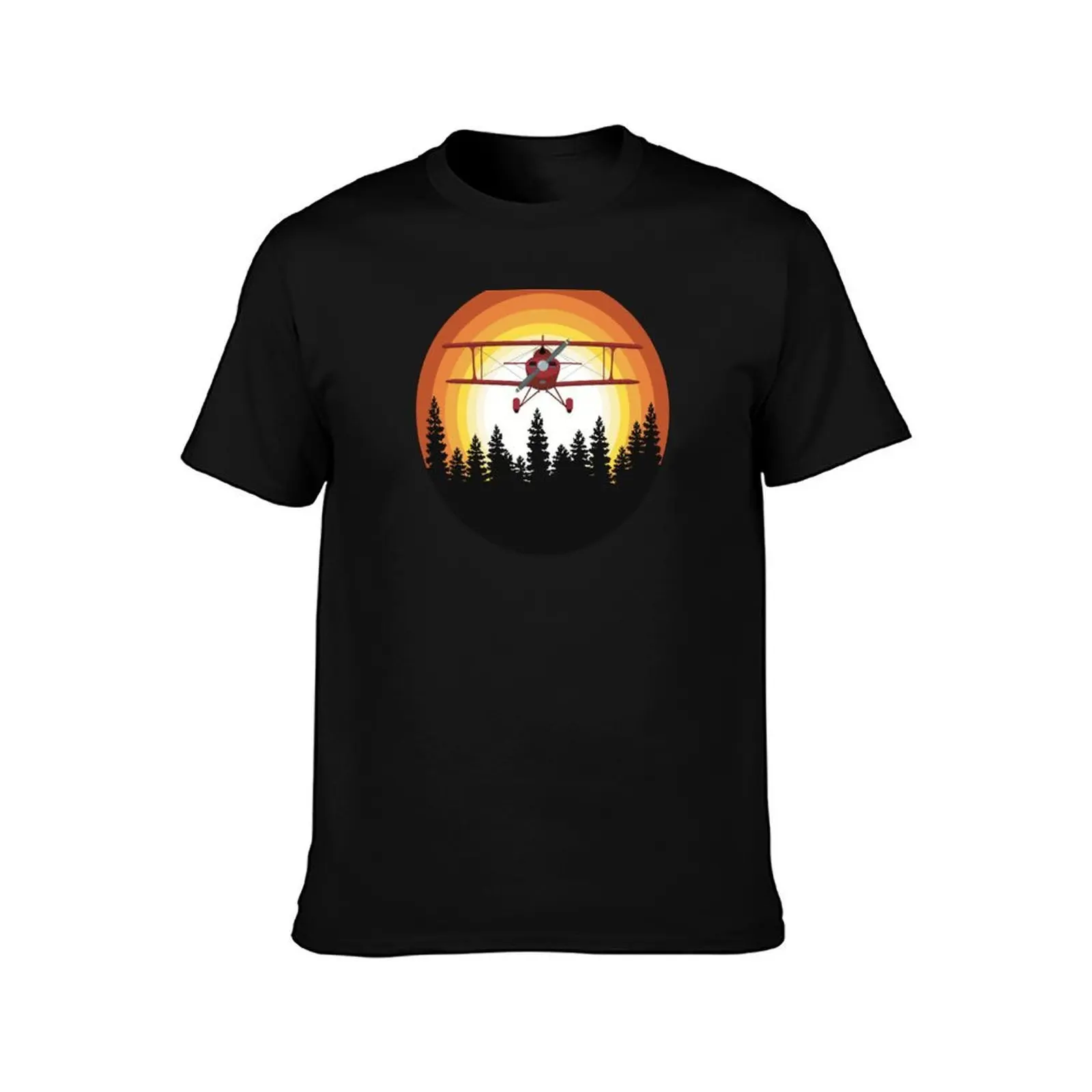Pitts Biplane Flying in Orange Sunset Sky Aviation Design T-Shirt, Summer Casual Cotton Tee, Oversized Streetwear Tops