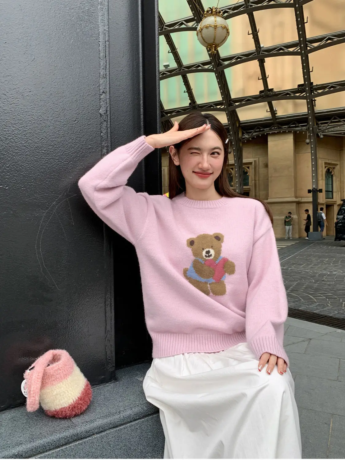 Harajuku Bogen Knoten Bär Nette Cartoon Stickerei Pullover Süße Lolita Mädchen Winter Gestrickte Jumper Y2K Tops Koreanische Pullover Lose