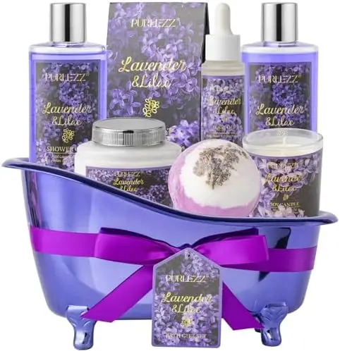 

Luxury Lavender Spa Gift Set for Women – 8pc Bath & Body Kit with Candle, Bombs & Lotion – Perfect Birthday Gift