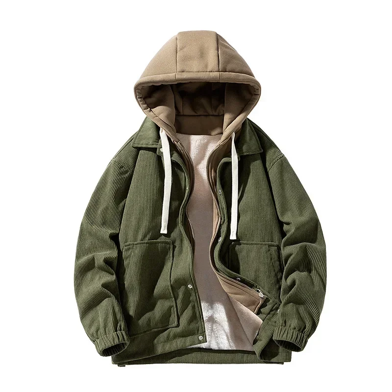 Men's Corduroy Patchwork Cap Baseball Jacket, Men's Autumn and Winter New Loose Leisure Fleecing Thickening Warm Lapel Jacket