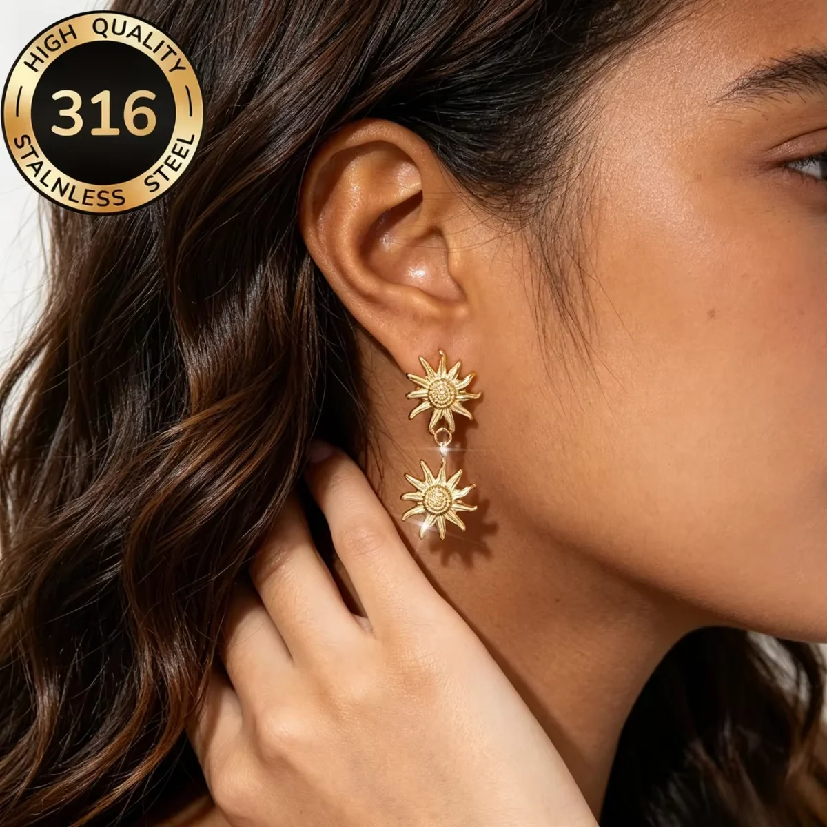 Stainless Steel Double Sunflower Drop Earrings Gold Color Textured Sun Flower Pendant Stud Earrings Women Fashion Jewelry Gift