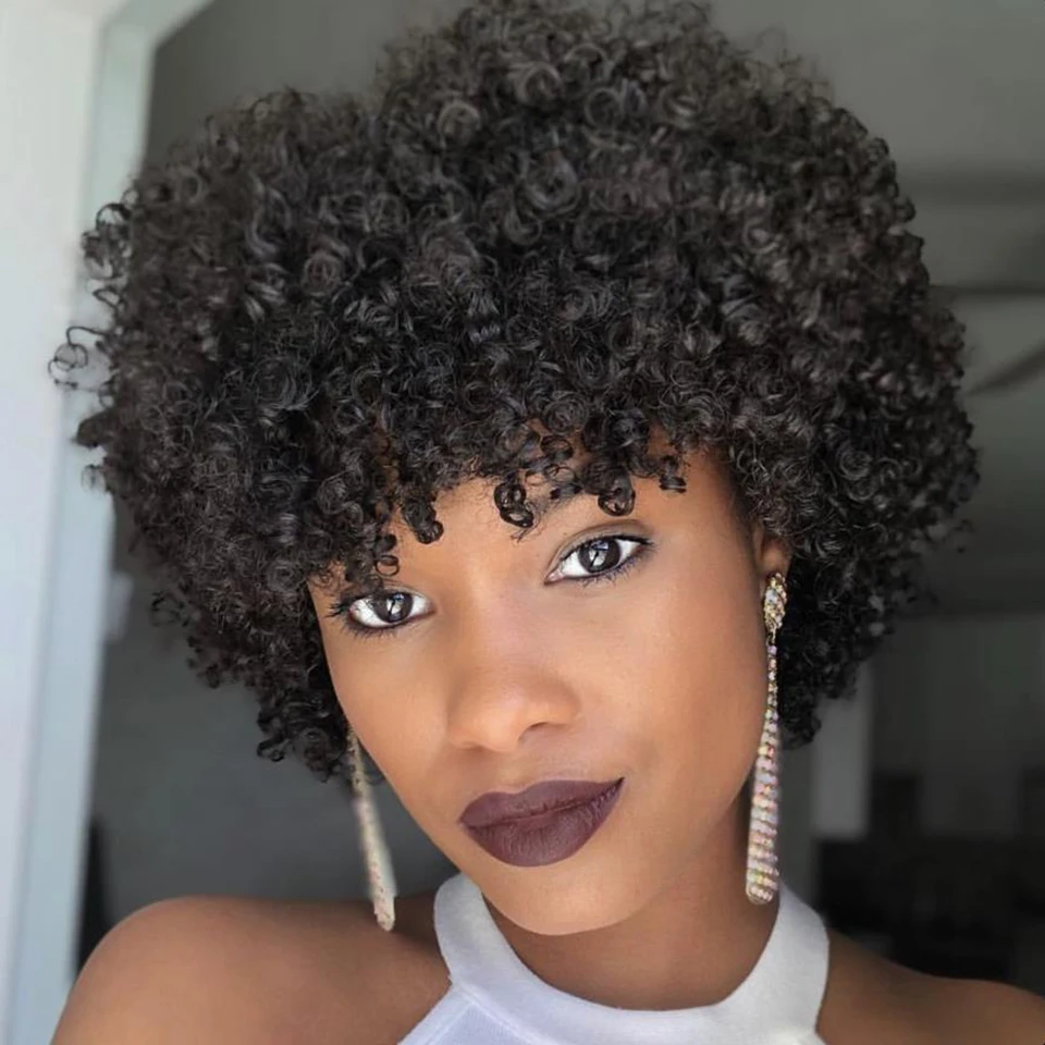 Remy Forte-Afro Kinky Curly Bob Perucas Curtas, Cabelo Humano, Onda De Água, Curto Pixie Cut, Máquina Preta Completa Feita