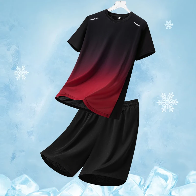 

2026 Summer Patchwork Sports Sets Men's Women's Gradient Print Two-piece Set Men Ice Silk Mesh Quick Drying Running Suit Sets