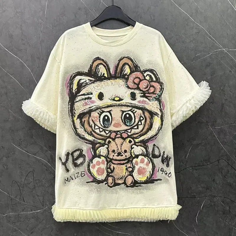 Y2K personalized anime cartoon graphic women clothing high street fashion trend top TiKi shirt 2025 casual loose short-sleeved