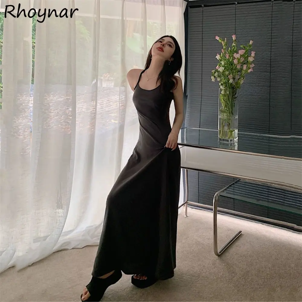 

Dresses Women A-line Halter Sleeveless Solid Backless Midi Soft Sexy Style Slim Fit Fashion Elegant Ladies All-match Chic Retro