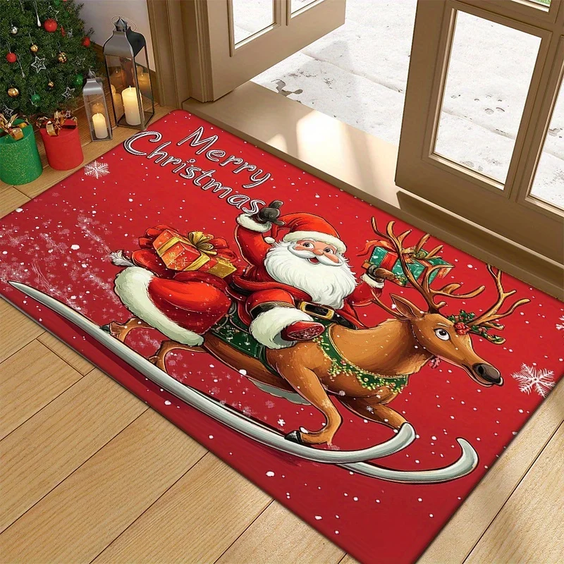 Santa Claus Merry Christmas Doormat, Bell Holly Berry Printed Floor Rug, Indoor Holiday Entrance Decor