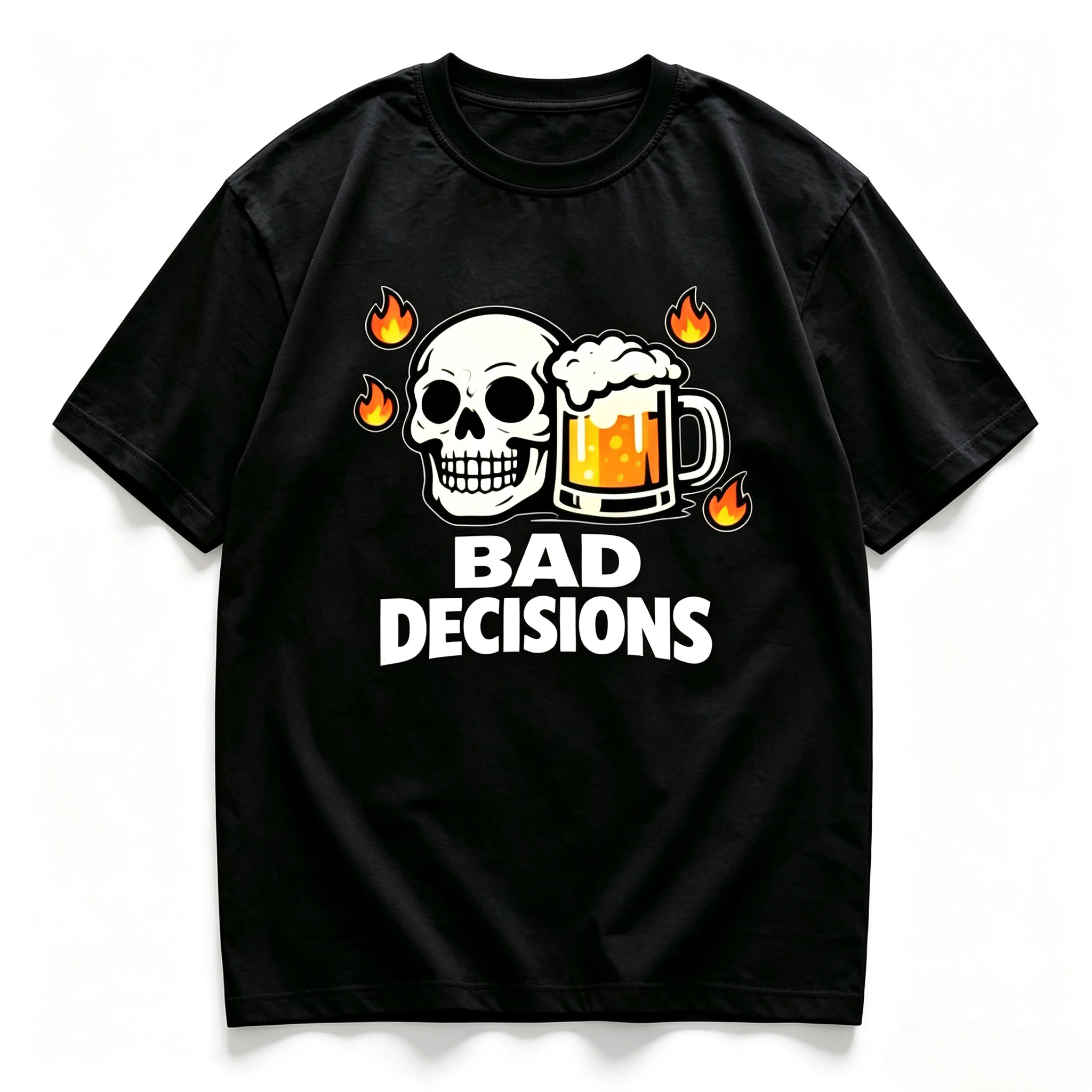 Male Casual Crew Neck T-shirt, Modal Breathable Material, Skull Beer Fire Bad Decisions Letter Graphic Print Short Sleeve Loose