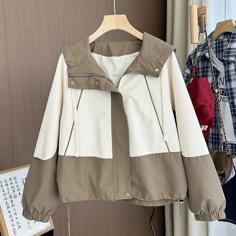 

2025 New Spring Autumn Contrasting Color Hooded Coat Female Korean Leisure Loose Joker Outerwear Short Casual Overcoat Women Top