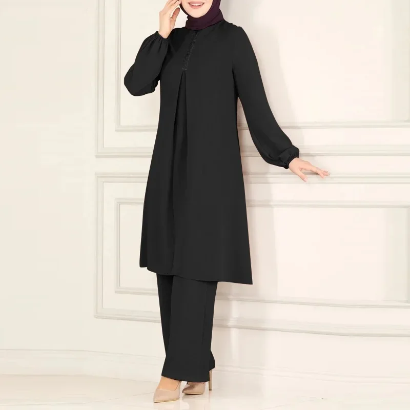 Fashion Solid Muslim Set Elegant Long-sleeved Shirt and Loose Wide-leg Pant Two Pieces Set Soft Muslim Dress Slim Dubai Abayas