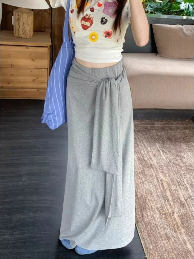 

Deeptown Elegant Gray Long Skirt Women Korean Style High Waist Sexy Midi Skirt Autumn Winter Lace Up Fashion Solid A-line Skirts