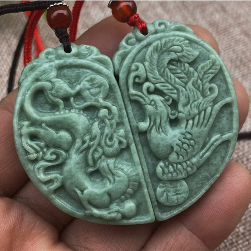 

Natural Bean Green Handicraft Sculpture Dragon and Phoenix To Jade Pendant Boutique Jewelery Men's and Women's Loan Chain