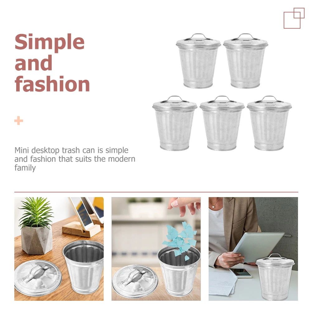 

2pcs Black Desktop Trash Can Galvanized Planter with Lid Small Waste Basket Flower Pot Storage Office Use Home Decor