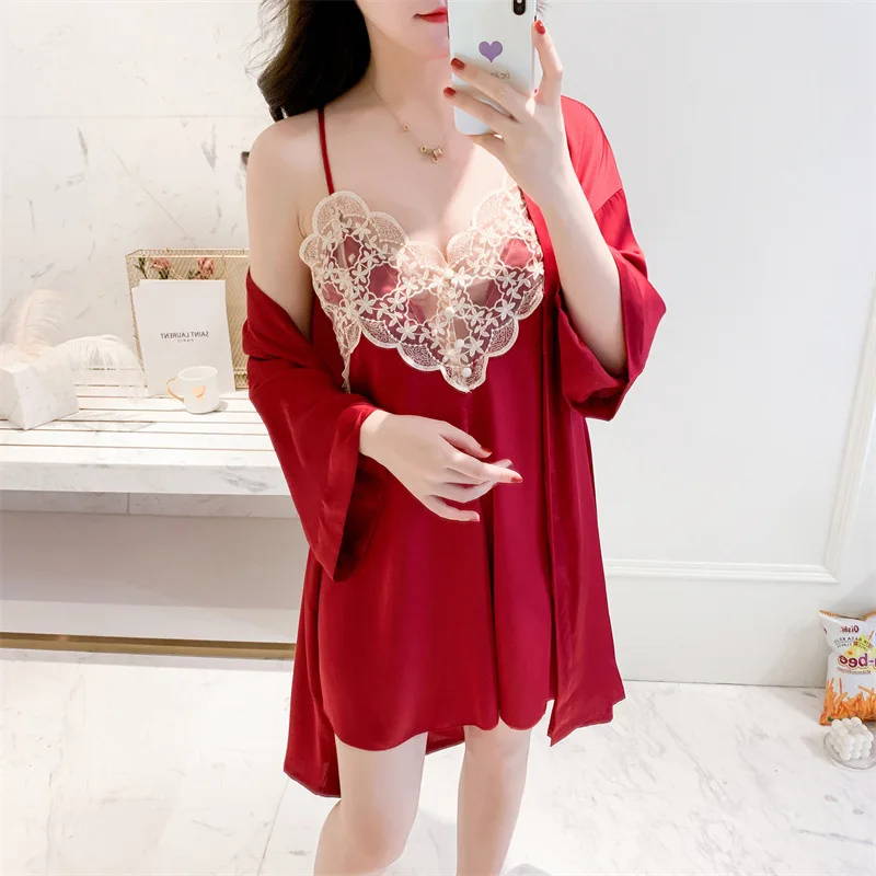 

2022 New Sexy Sleepwear Satin Lingerie 2 Pieces Robe Set For Women Kimono Bathrobe Gown Lace Patchwork Home Clothes Nightwear