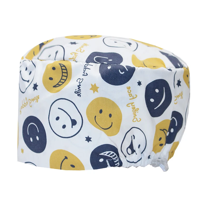 Cartoon Smiley Unisex Scrub Caps Women Nurse Hat for Long Hair Pet Hospital Working Hats Durable Dental Clinic Nursing Cap K1066