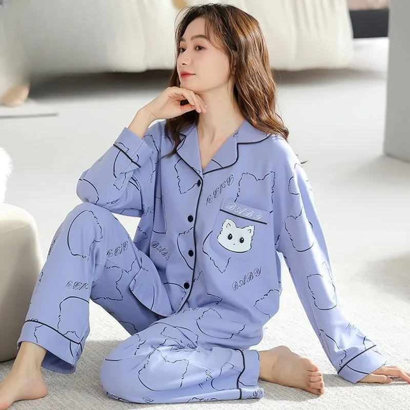 2024 New Women Large Size Sweet Cartoon Pure Cotton Pajamas Female Long Sleeve Lapel Sleepwear Sets Spring Autumn Homewear Suit