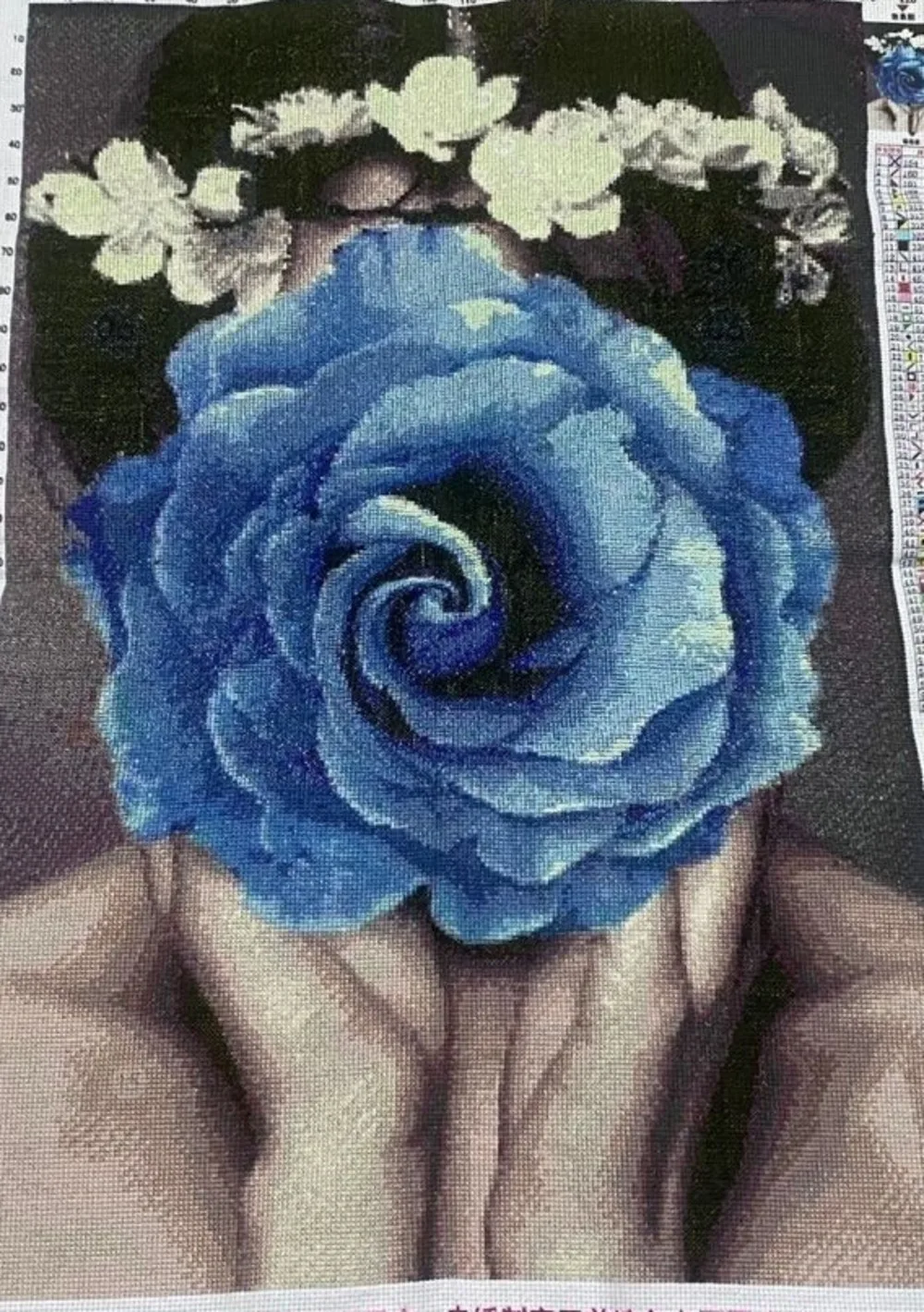 (Finished product) Pure handmade cross stitch, beautiful woman with blue flower 60 * 83cm ins style peony, three-dimensional and