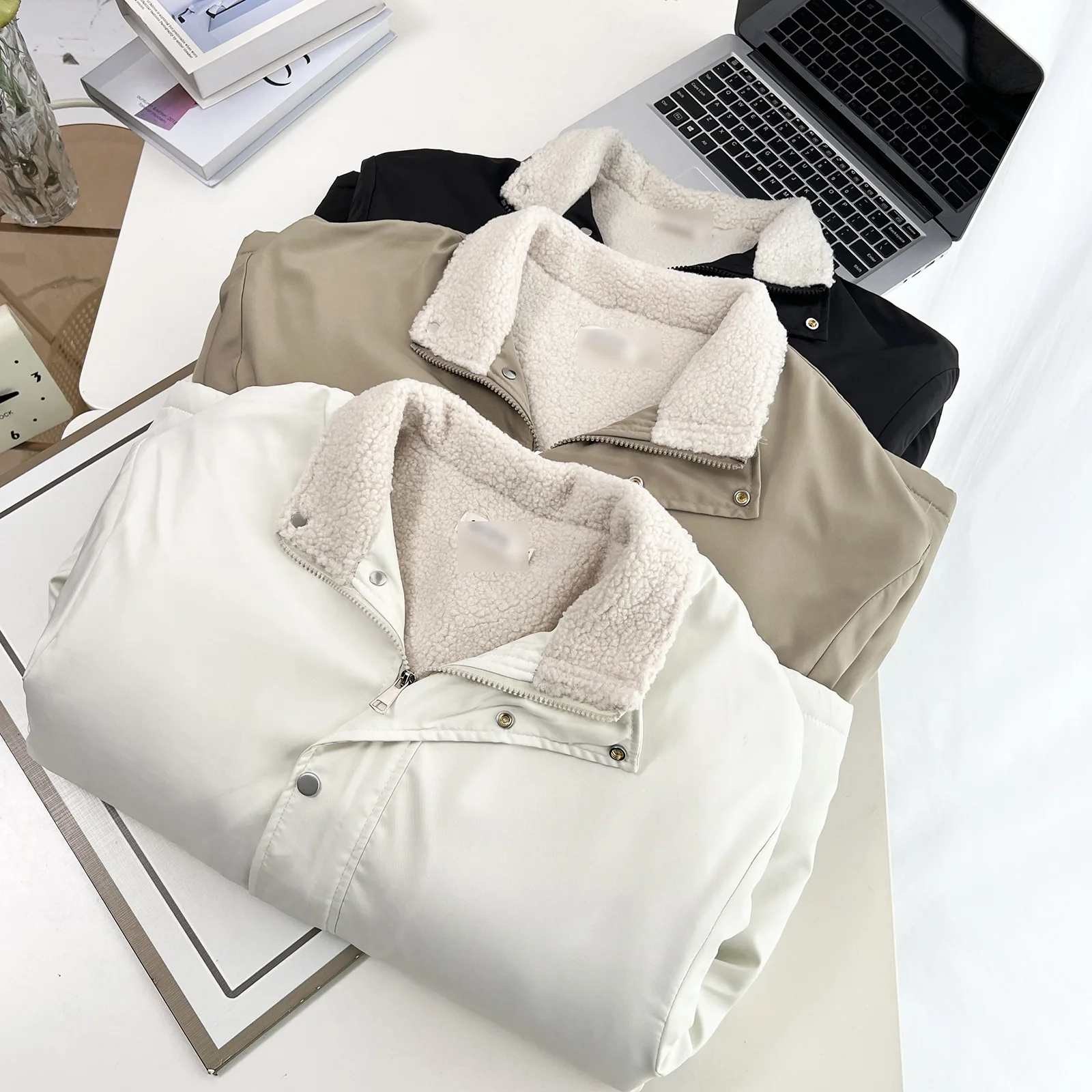 XXXXL موضة حجم كبير سترات نسائية شتوية جديدة غير رسمية بياقة واقفة جاكيت من الصوف معاطف متوسطة الطول 691 #4