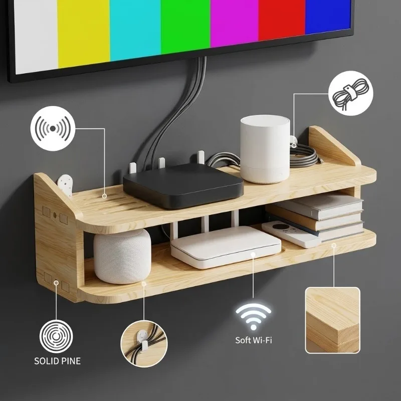 Wood Floating Shelf Wall Mounted Router TV Box Stand Storage Rack Decorative Hanging Bookshelf For Living Room Bedroom Organizer