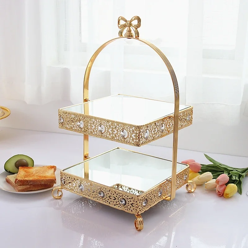 

Golden wedding dessert table display stand, mirror tray, double-layer afternoon tea ornament, European cold meal, buffet coffee