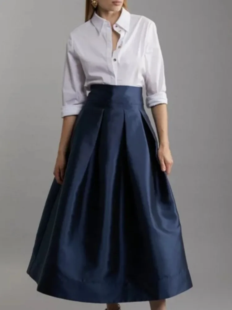 Women's Navy Blue High Waist Pleated Skirt Zippered Back A-line Midi Length Elegant Party Wear Skirts 2025 Autumn New Bottoms