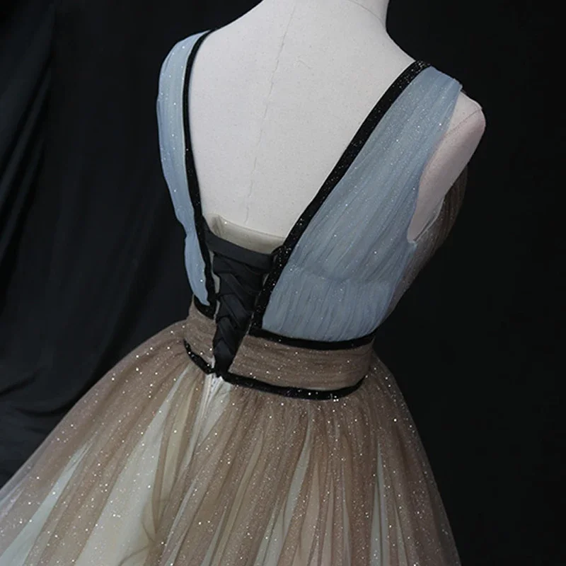 Customized Evening Dress Gradient Coffee V-neck Pleat Sleeveless Lace up A-line Floor Length Plus size Women Party Formal Gown