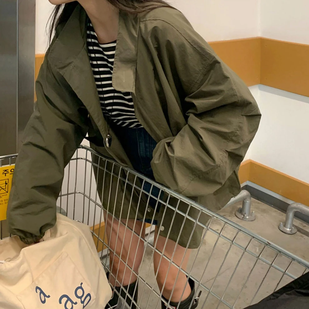 

Korean Sle Loose Casual Versatile f High Collar Simple Outerwear Coat Long Sve Polyester Fiber Pure Color Button Closure