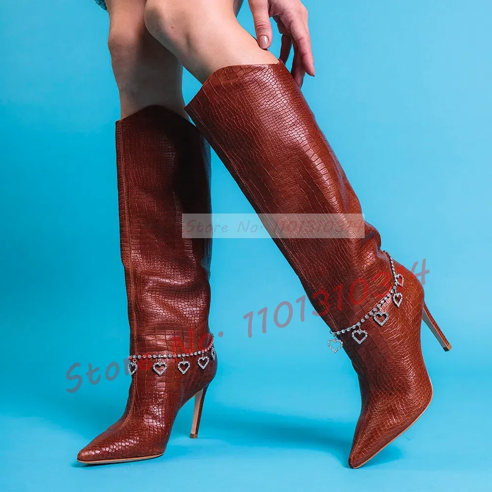 Pink Knee-length Boots With Crystal Hearts Chain Women Pointy High Heels Shoes Crocodile Sexy Office Ladies New Casual Boots image 6