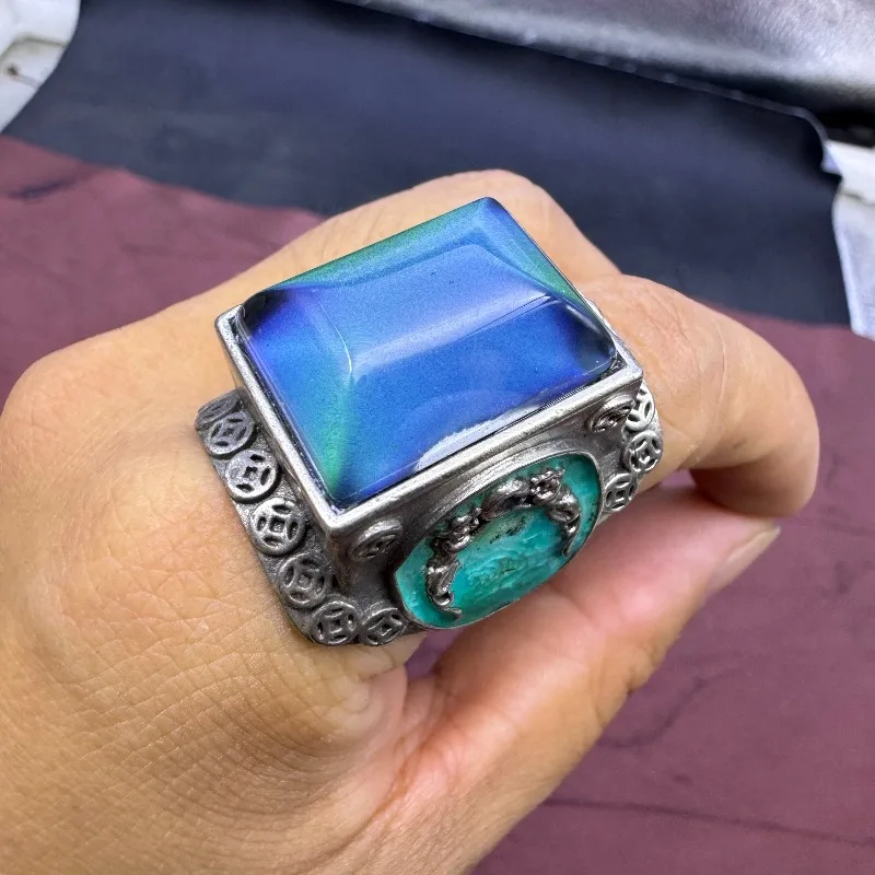 Unisex Adjustable Open Ring, Antique Style Cloisonne Square Inlaid Temperature Color Changing Stone Thumb Ring Jewelry