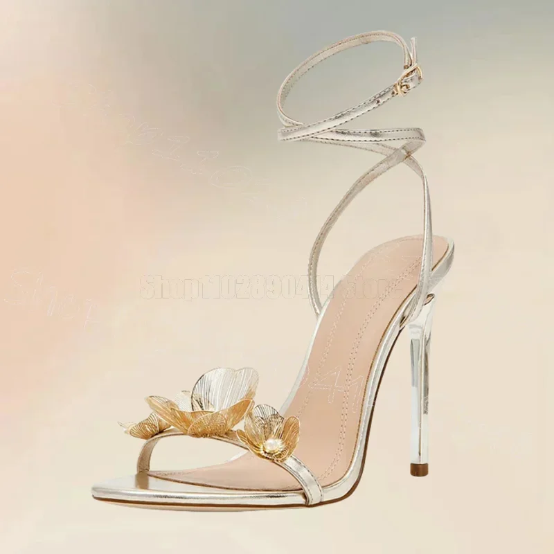 

Gold Plastic Appliques Design Open Toe Sandals Buckle Strap Women Shoes Thin High Heels Party Banquet 2025 Zapatos Para Mujere