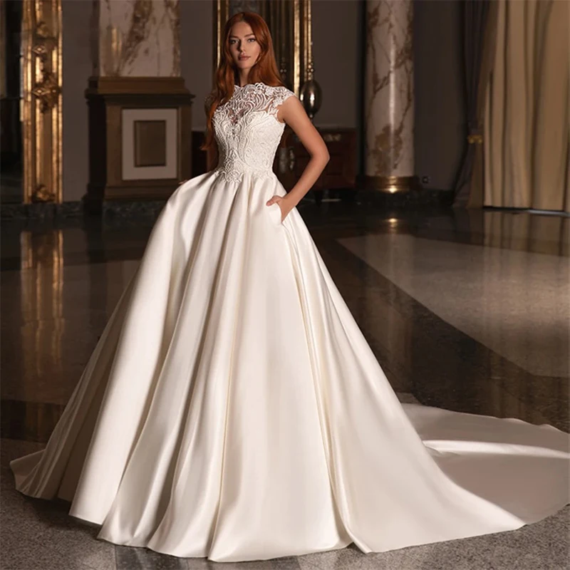 Elegant Wedding Dress Satin With Embroidery A-Line Ball Gown Sleeveless O-Neck Bride Dress Customized Button Robe MariéE Satin