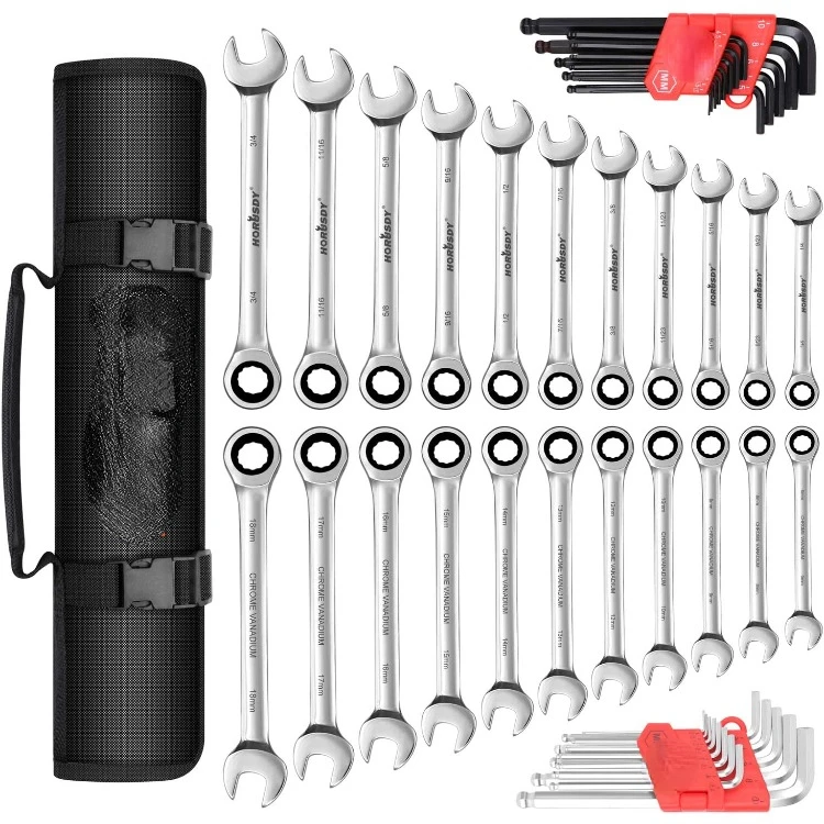 

Ratcheting Wrench Set 48-Piece Cr-V Steel 72 Teeth Ratchet Wrench 6-18mm & SAE 1/4-3/4" with Roll Up Pouch and Allen