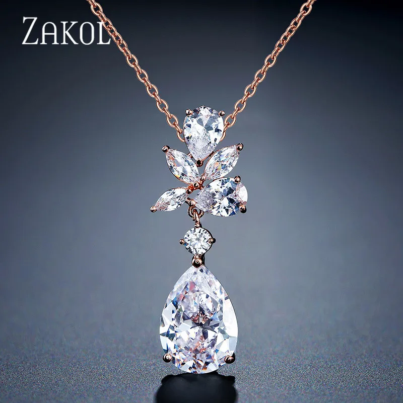 ZAKOL Fashion Water Drop Cubic Zirconia Pendant Necklace for Women Sliver Color Leaf Bridal Wedding Party Jewelry NP2143