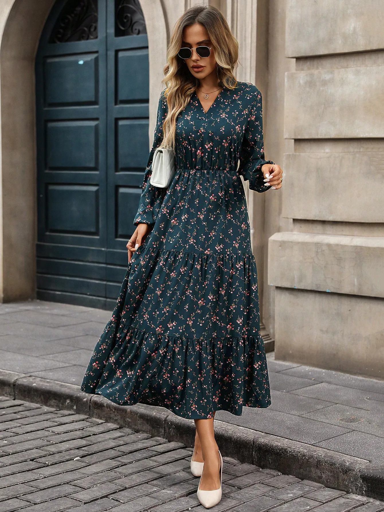 Vestido Maxi Floral de Manga Longa com Decote em V para Mulheres, Look Casual de Outono com Saia em Camadas