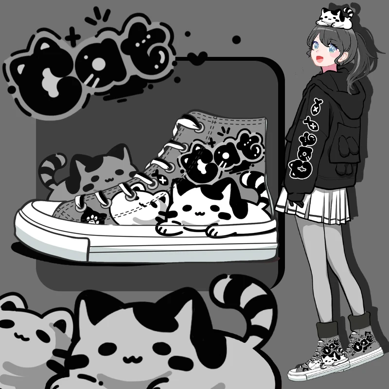 Amy and Michael Lovely Anime Cartoon Kitty Shoes Adorable Girls Students High Top Canvas Shoes Women Flat Casual Sneakers