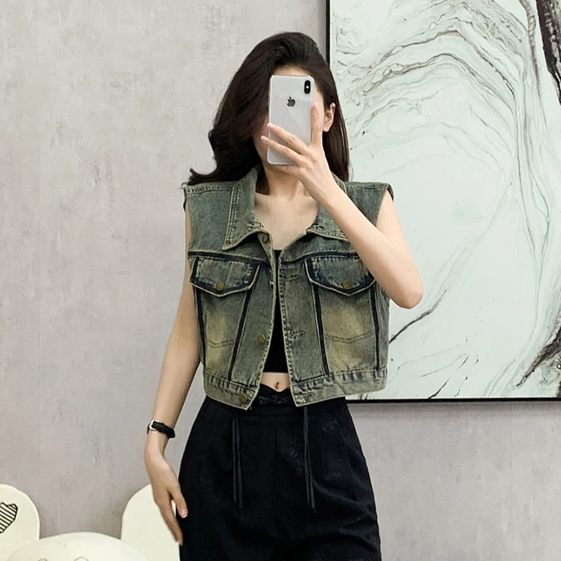 

Cowboy vest women's 2024 summer new heavy industry washed and painted lapel short top versatile and stackable