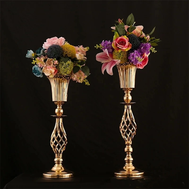 Golden Silver Candle Metal Candlestick Flower Stand Vase Table Centerpiece Event Flower Rack Road Lead Wedding Deco