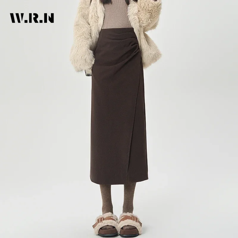 2024 Autumn Casual Solid Color Elastic Waist Soft Mid Long Skirts Women's Office Lady Elegant Folds High Waist Grey Skirt