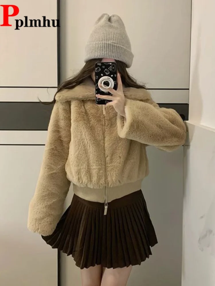 

Корейские плюшевые теплые куртки с отложным воротником, женские повседневные куртки на молнии Chaquetas, модные мешковатые короткие утепленные меховые куртки Jaquetas