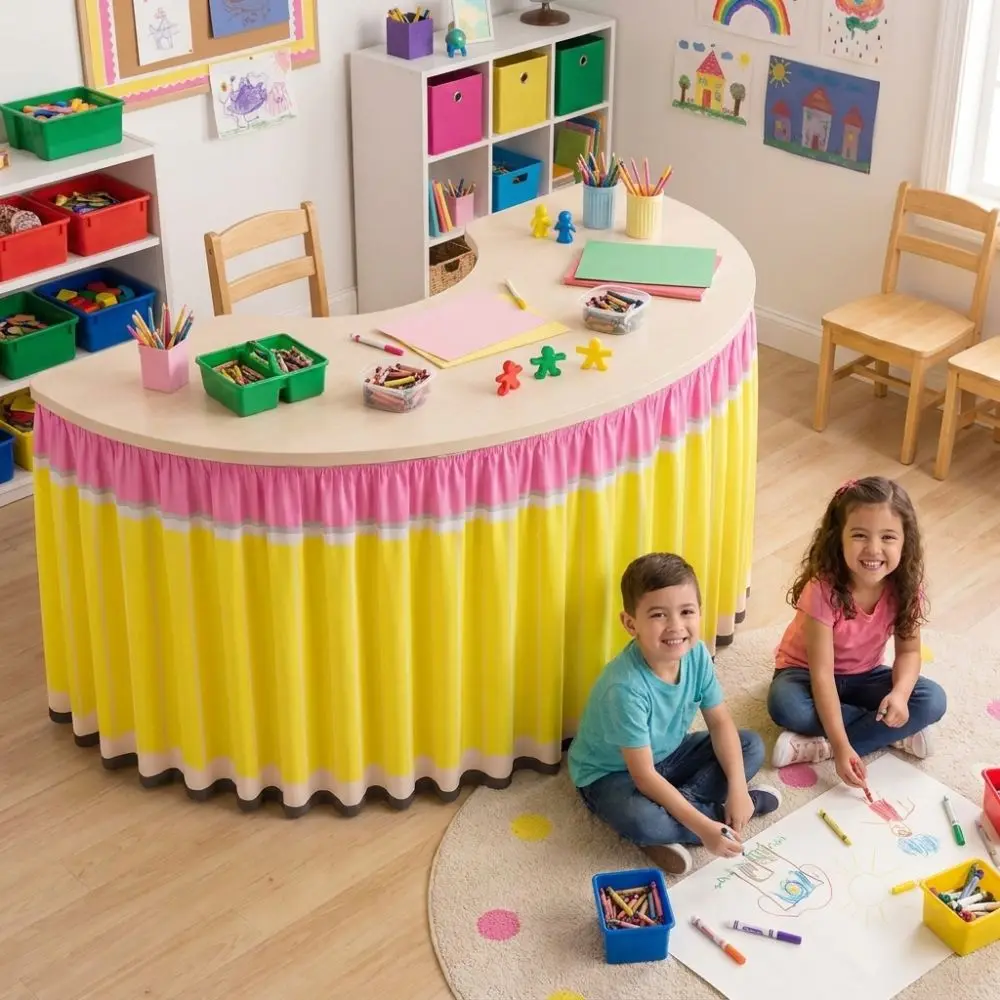 Cartoon Pencil Ruffled Table Skirt School Stationery Theme Wrinkle Resistant Classroom Skirt Cover Polyester Elastic Edge