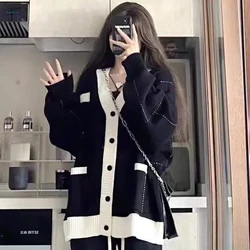 Lucyever Black Sweater Cardigan Women Harajuku Loose Preppy Style Single-Breasted Sweaters Thick Contrast Color Knitted Coat