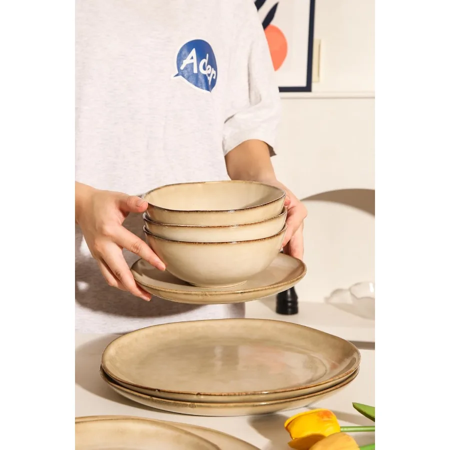 Decosignature Modern 12Piece Ceramic Dinnerware Set for 4 Microwave Dishwasher and Oven Safe Kitchen Plates and Bowls Stackable