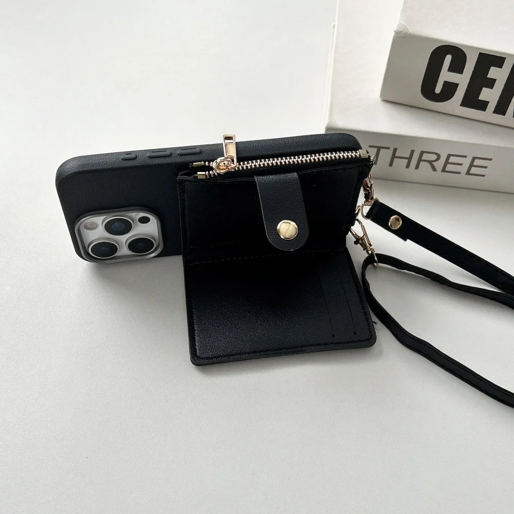 Crossbody Lanyard Card Slot Bag Bracket Leather Soft Phone Case For iPhone 16 15 14 13 12 11 Pro Max Plus Rope Neck Strap Cover